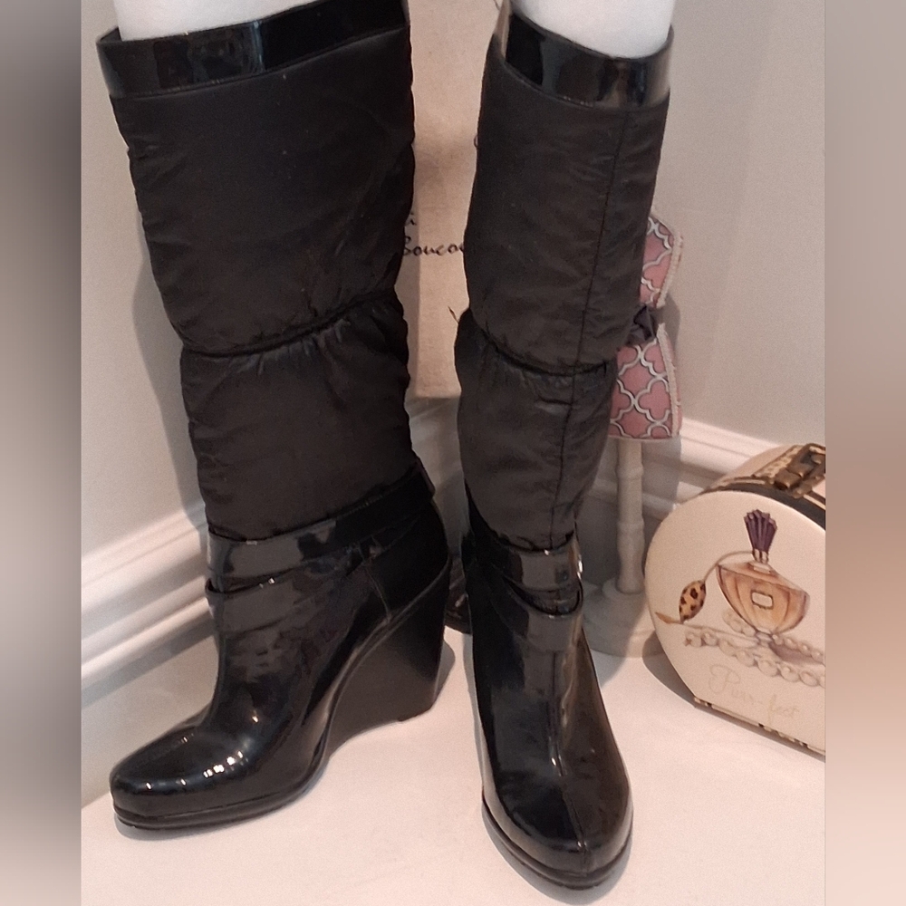 BCBGirls Glossy Black Heeled Wedge  Boots Women's Sz 8 Like New